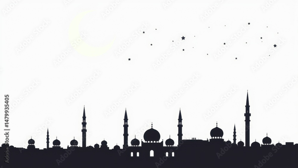 Fototapeta premium Islamic City Skyline Silhouette at Night with Crescent Moon and Stars