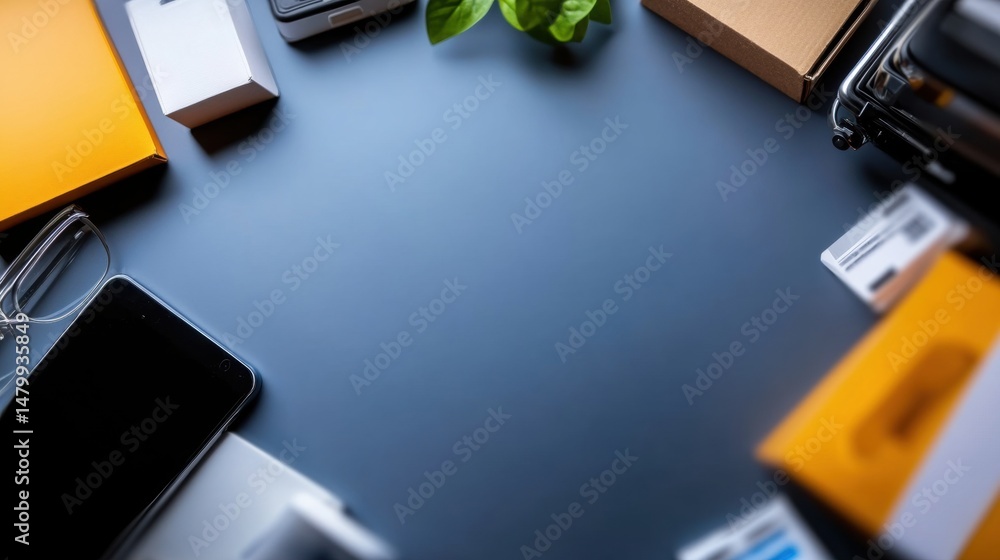 Obraz premium Modern workspace desk with electronic devices packaging and supplies du workspace organization or e-commerce unboxing setup with minimalistic design