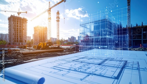 Architectural blueprint overlay with construction site and cityscape view background
