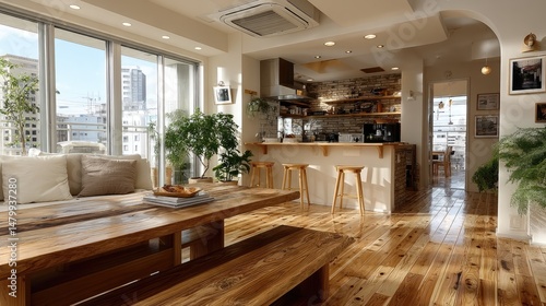 Urban apartment interiors japanese modern minimalist kitchen design in bright aesthetic photography