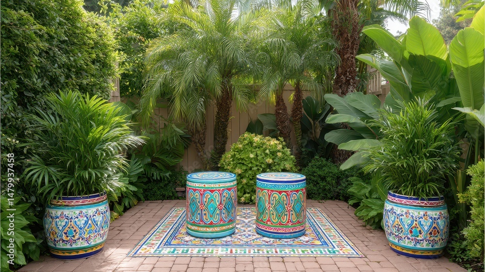 Fototapeta premium Colorful Ceramic Pots and Rug in a Lush Green Garden
