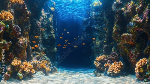 Fototapeta Naklejka Na Ścianę i Meble -  Submerged coral reef passageway filled with colorful fish.