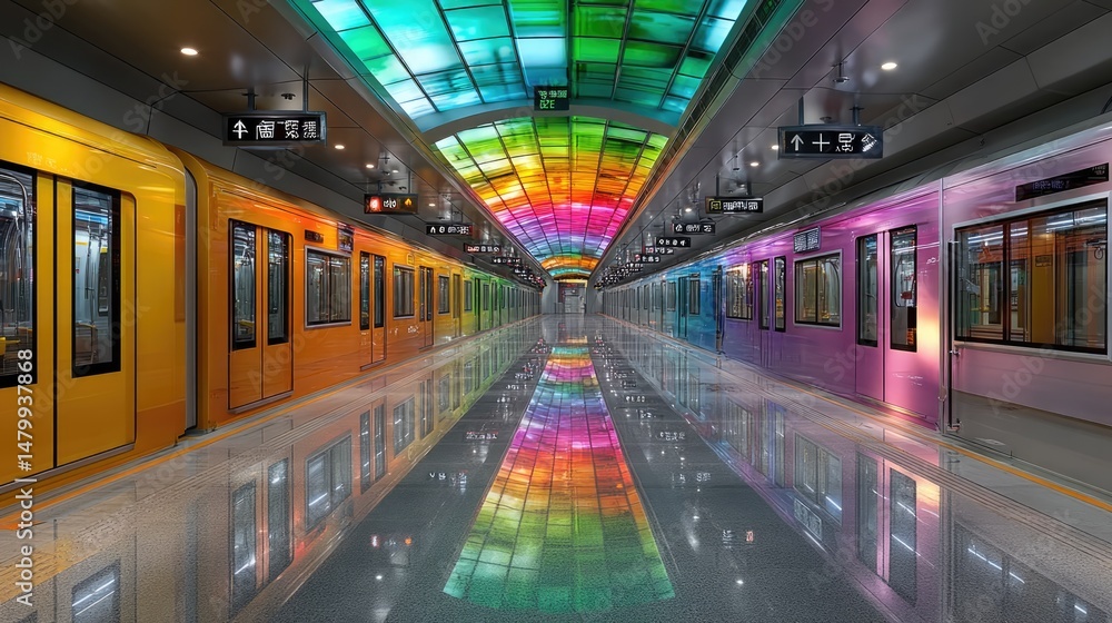 Fototapeta premium Crowded futuristic subway station in urban city bright led panels create an aesthetic high-res view