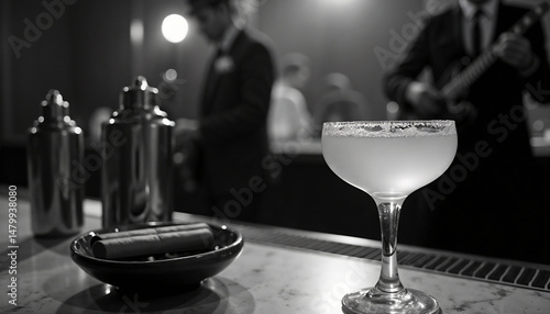Film Noir Daiquiri – Vintage Coupe Glass on 1950s Marble Bar with Jazz Ambiance (Copy Space)