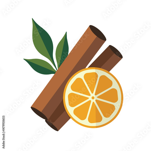 Cinnamon sticks and orange slice with green leaves on white background  