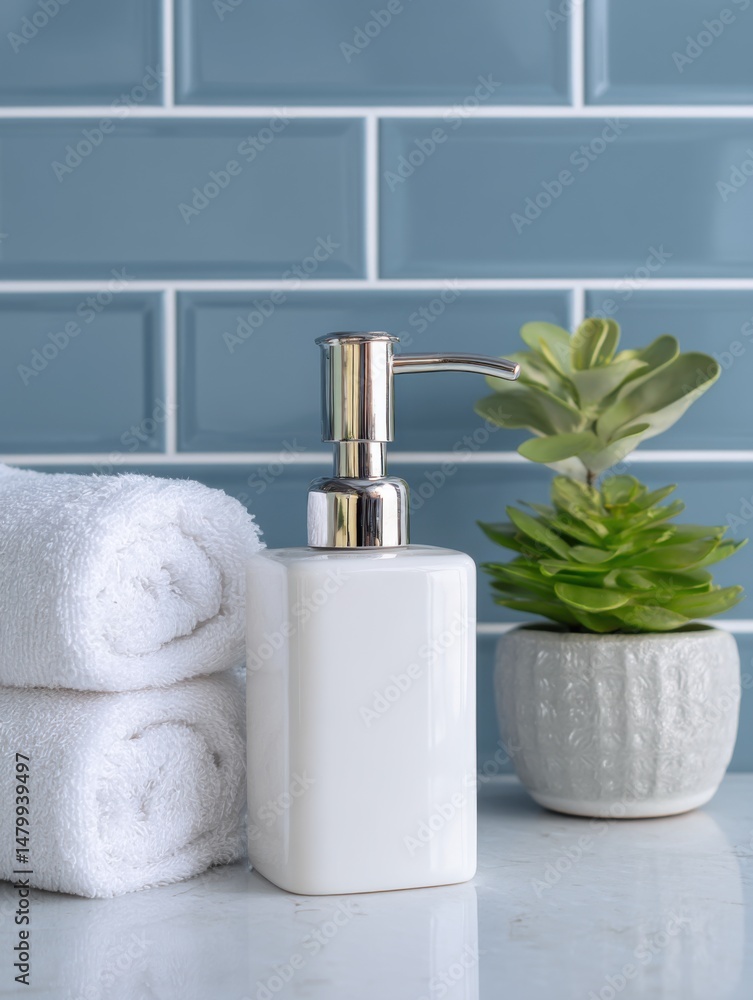 Bathroom still life featuring white towels soap dispenser and succulent plant on marble countertop clean and bright home decor Bathroom still life featuring white towels soap dispenser and succulent plant on marble countertop clean and bright home decor