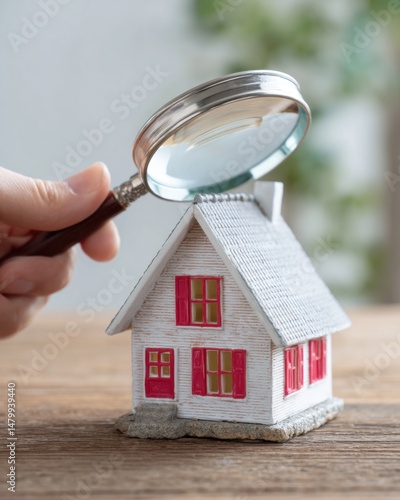 Close up of hand holding magnifying glass over miniature house on wooden surface home inspection concept