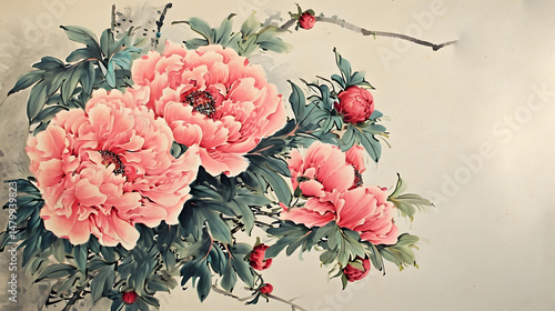 Fototapeta Naklejka Na Ścianę i Meble -  peony and flowers traditional painting illustration abstract background decorative painting