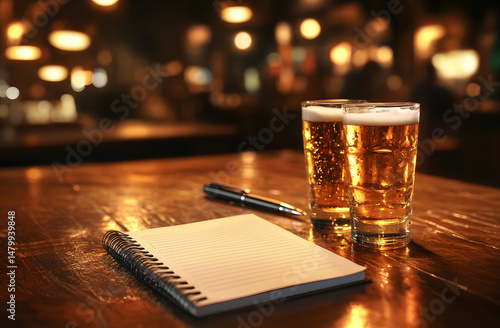 Two glasses of beer, notebook with pen on dark wooden table. Pub quiz concept. Beer glasses with blank paper for answers. Game time, fun at bar, team quiz at night.
