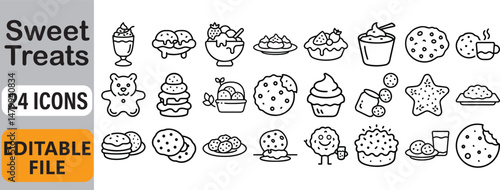 Collection of black and white outlined icons representing various sweet treats and desserts