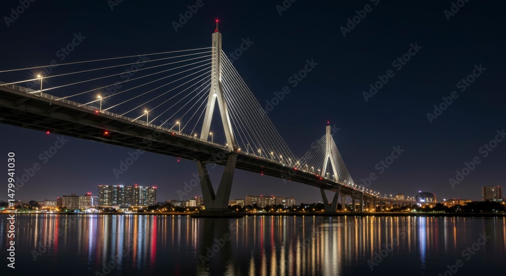 Naklejka premium Modern cable-stayed bridge at night, illuminated by city lights