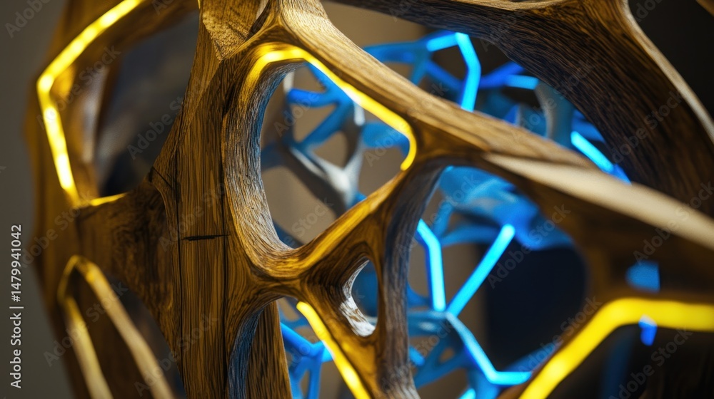 Intricate wooden sculpture with glowing blue and yellow accents; organic, network-like structure Intricate wooden sculpture with glowing blue and yellow accents; organic, network-like structure