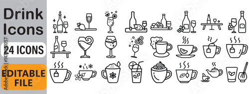 Collection of elegant drink icons depicting various beverages and cocktails design elements