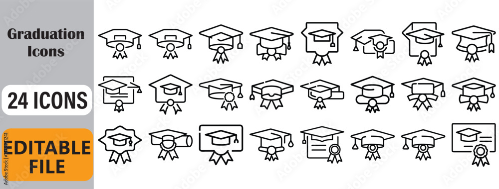 Fototapeta premium Collection of outline style graduation icons representing education success and achievement