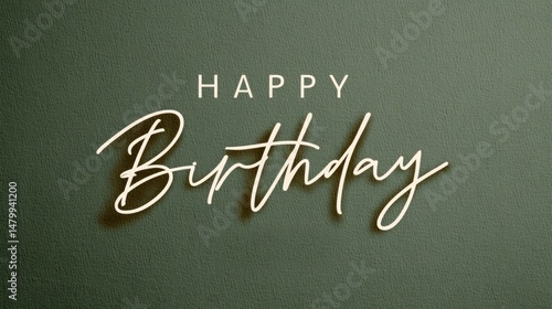 Elegant happy birthday text design on textured dark green background.