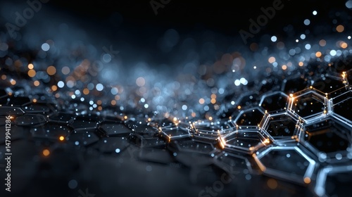 Advanced digital blueprint scene with bright tech lines and patterned hexagons hovering above a gradient base 