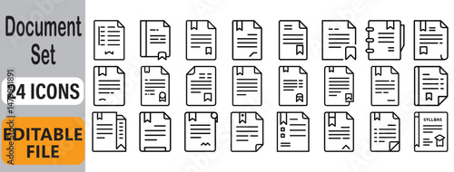 Collection of twenty four document icons outlined in simple vector black and white style