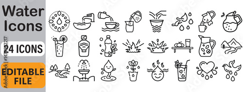 Collection of twenty four water related icons illustrating purity and essentiality in outline style