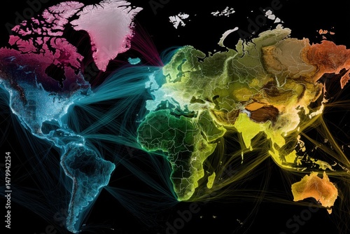 Global connectivity visualization showing network connections on world map with colorful continents and data streams