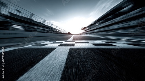 Motion blur view of race track finish line at speedway during daytime at eye level perspective