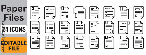 Set of twenty-four outline document icons for web design and digital user interface elements