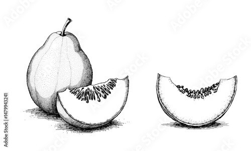 Vintage black ink sketch of honeydew melon and slice, close-up view  