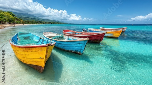 Colorful fishing boats on a tropical beach