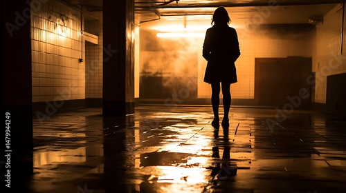 Solitary figure standing in dim, atmospheric light of the abandoned corridor