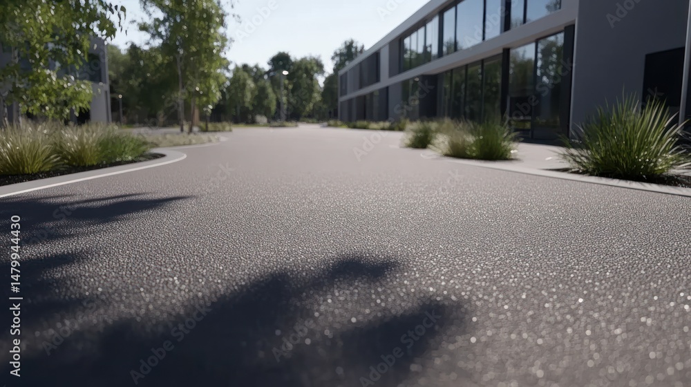 Naklejka premium Sunlit asphalt path leading to modern office buildings, surrounded by landscaping
