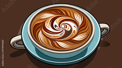 A top-down view of a perfectly crafted cappuccino reveals a mesmerizing spiral of steamed milk atop rich, dark espresso. The swirling pattern creates a harmonious blend of art and flavor. white  backg