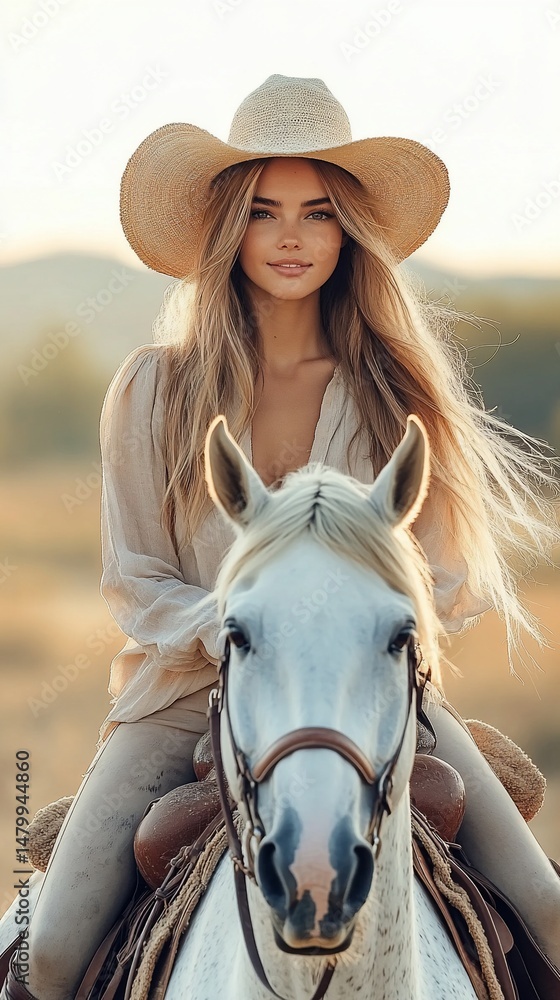 Obraz premium Woman on a horse, golden hour, country style