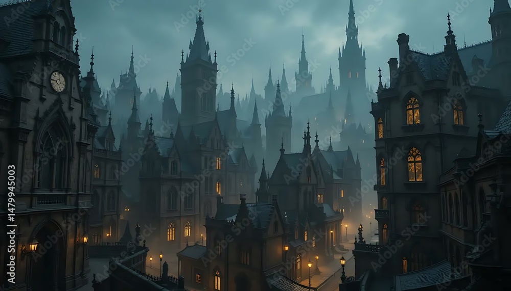 Fototapeta premium A gothic cityscape shrouded in mist, evoking a sense of mystery and foreboding atmosphere.