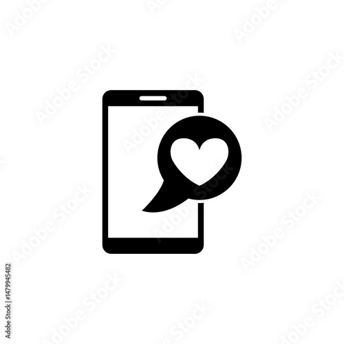 Simple black vector icon of a smartphone with a heart in a speech bubble