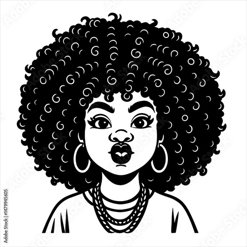 Black and white vector illustration of a woman with a large afro hairstyle, hoop earrings, and layered necklaces in a bold and confident hand-drawn style
