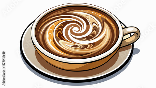 A top-down view of a perfectly crafted cappuccino reveals a mesmerizing spiral of steamed milk atop rich, dark espresso. The swirling pattern creates a harmonious blend of art and flavor. white  backg