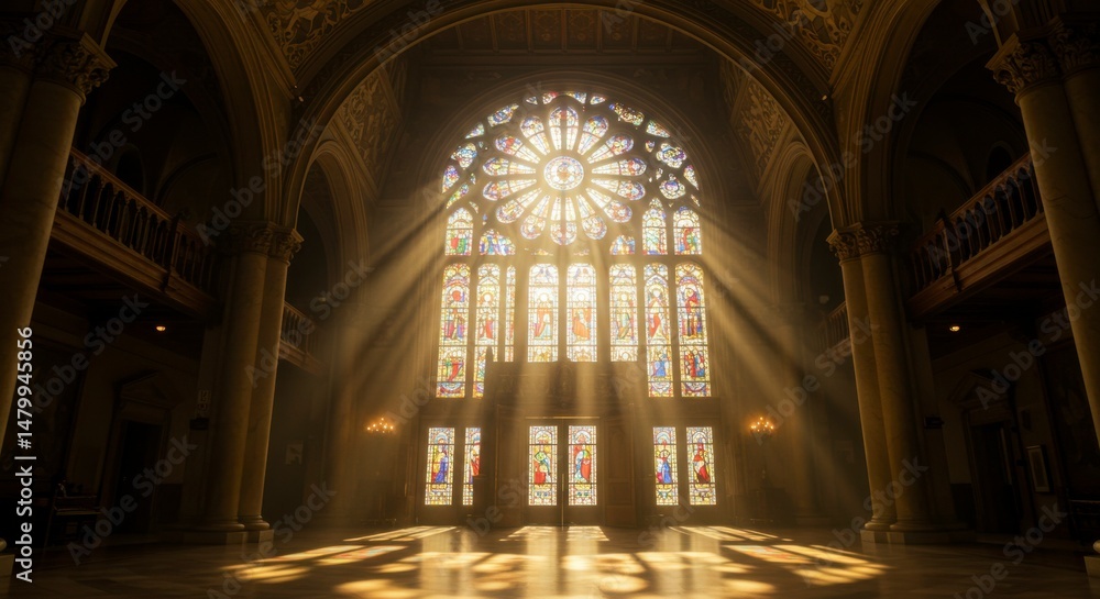 Fototapeta premium Grand cathedral interior, stained-glass window, sunbeams
