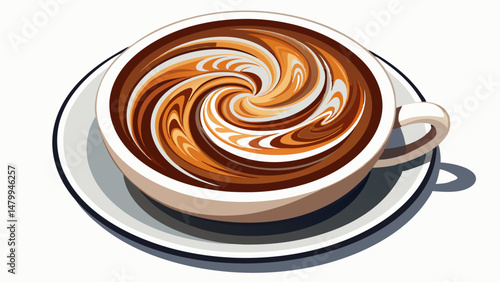 A top-down view of a perfectly crafted cappuccino reveals a mesmerizing spiral of steamed milk atop rich, dark espresso. The swirling pattern creates a harmonious blend of art and flavor. white  backg