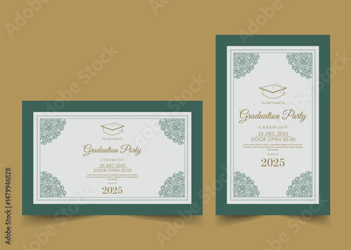 Elegant invitation design for a graduation party, featuring a classic color palette, decorative elements