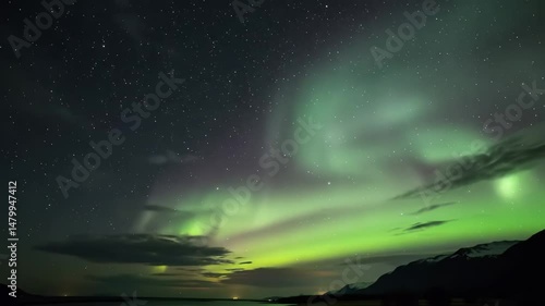 Wallpaper Mural Bright green auroras paint the night sky above a calm lake, surrounded by mountains and starry skies, creating a breathtaking natural spectacle in a secluded area. Torontodigital.ca