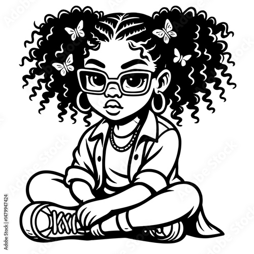 Stylish young woman in a hat and sunglasses, her face adorned with a subtle tattoo, listening to music with headphones, a cool fashion illustration