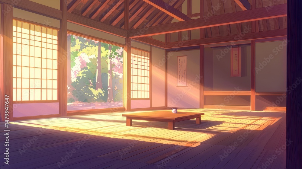 Fototapeta premium Japanese interior illustration daylight space