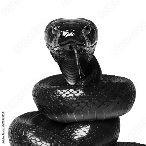 Captivating studio shot of a glossy black mamba with a visible forked tongue