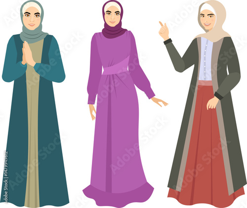Muslim woman in hijab. Beautiful girls in different dresses. Modern Muslim women in traditional hijabs. Vector people. Color vector illustration