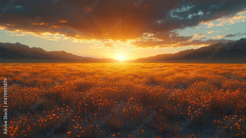 Obraz premium Golden sunset over a vast field of wildflowers