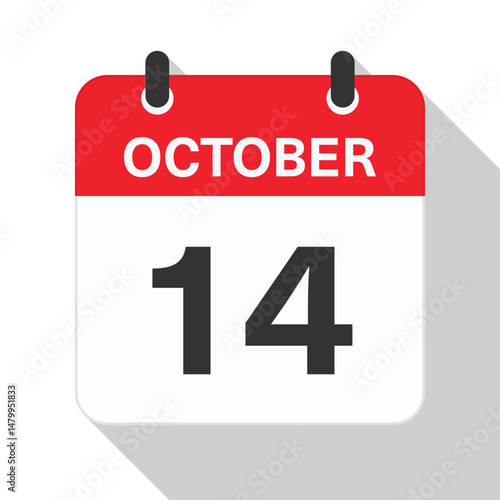 October 14 Daily Calendar. Red Theme on White Background.