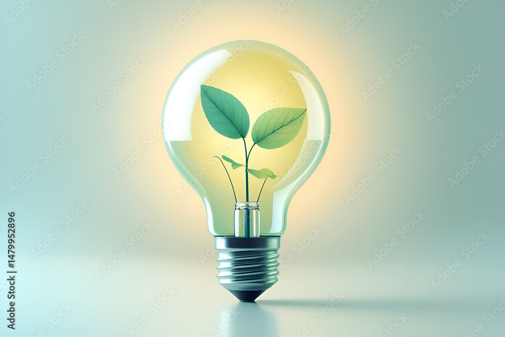 A glowing lightbulb with a stem and leaf sprouting from its base, like a plant growing out of it, representing green energy ideas. A glowing lightbulb with a stem and leaf sprouting from its base, like a plant growing out of it, representing green energy ideas.