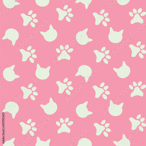 scattered White Cats Paws and Cat silhouette seamless pattern on pink background. For fabric, textile, wrapping paper and cat accessories.
