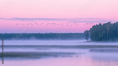 Fototapeta Naklejka Na Ścianę i Meble -  Misty sunrise over lake and forest