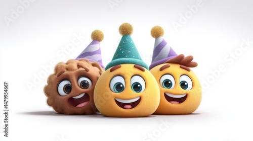Three cute cartoon emoji characters wearing party hats on white background.