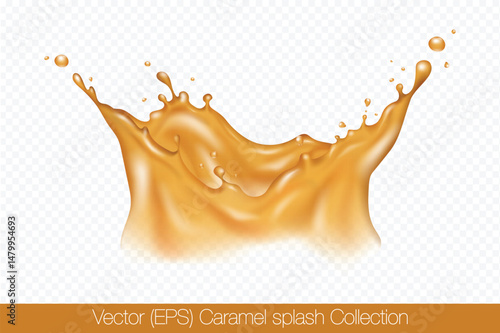Realistic crown shaped Caramel splash with droplets isolated on transparent background, vector (EPS) illustration. Transparent golden liquid frozen motion illustration, layered